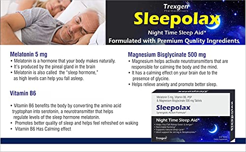 Trexgen SLEEPOLAX Advanced Quck Action Sleep Support Triple Action formula Melatonin 5 mg, B6, P5P sium bisglycinate Tablets (30 X 3 Box= 90 Tablets)