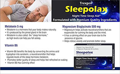 Trexgen SLEEPOLAX Advanced Quck Action Sleep Support Triple Action formula Melatonin 5 mg, B6, P5P sium bisglycinate Tablets (30 X 3 Box= 90 Tablets)