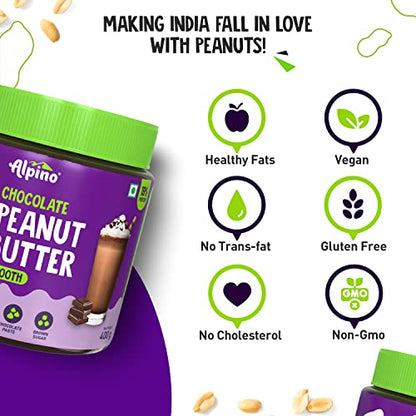 Alpino Chocolate Peanut Butter Smooth 400 G | Roasted Peanuts, Cocoa Powder & Choco Chips | Gluten-Free | Vegan