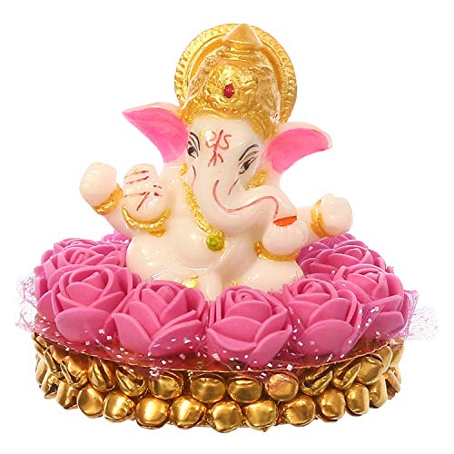 eCraftIndia Lord Ganesha Idol on Decorative Handcrafted Plate with Pink Flowers