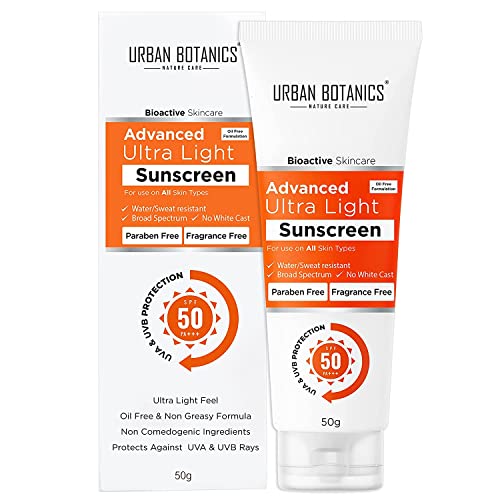 UrbanBotanics Advance Ultra Light Sunscreen SPF 50 PA+++ - Oil Free - Non Comedogenic- Water/Sweat R/UVB Rays - Zero White Cast - For Men & Women, 50g