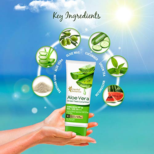 Oriental Botanics Aloe Vera, Green Tea & Cucumber Cream Sunscreen SPF 50, 100 ml | Infused with Aloeects Skin | No Parabens & Sulphates | Cruelty Free