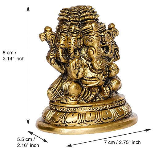 Handcrafted Golden Brass Panchmukhi Lord Ganesha Idol - Hindu God Idol for Home Decor, Puja Room - Ganesha Statue