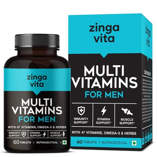 Zingavita Multivitamin Tablets for Men with 47 Essential Vitamins, Omega 3, Calcium, Zinc & Magnesiut Immunity, Strengthen Bones & Joints - 60 Tablets