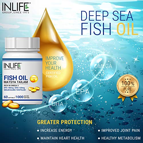 INLIFE Fish Oil Omega 3 Capsules 180mg EPA 120mg DHA Molecularly Distilled Supplements, 1000mg - 60 Softgels