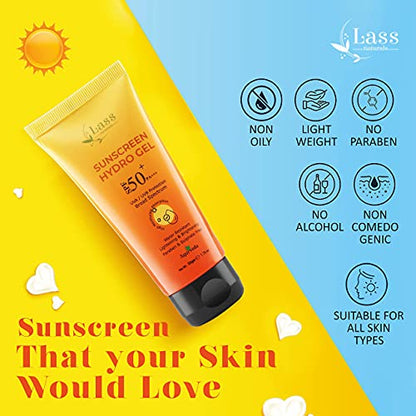 Lass Naturals Sunscreen hydro gel with SPF 50+, 50ml – Lightweight and Non-Greasy Natural Sunscreen – Skin Care