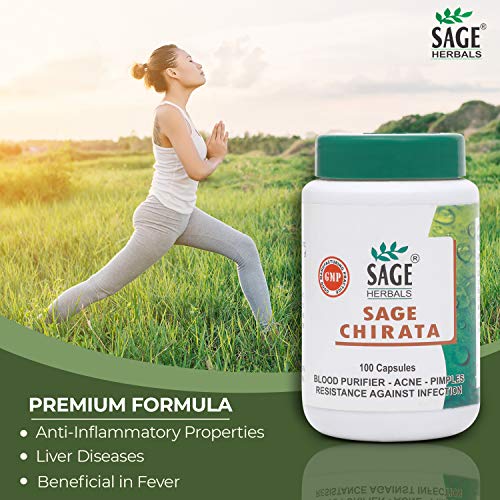 Sage Herbals Chirata for Blood Purification and Helps to Remove Pimples and Acne, 100 Capsules