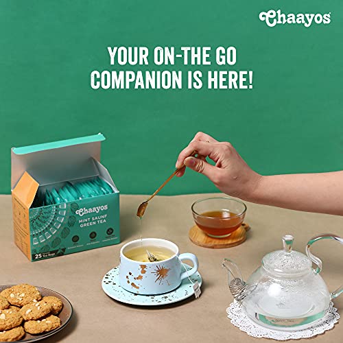 Chaayos Mint Saunf Green Tea Bags | Refreshing Taste of Fennel | Immunity Booster | Whole Leaf Tea (25 Tea Bags)