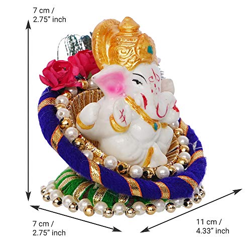 eCraftIndia Polyresin Lord Ganesha Idol on Decorative Handcrafted Floral Plate, God Idol for Car Dashboard, Home, Office Decor