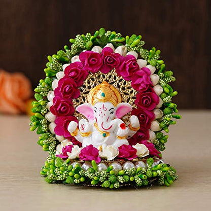 eCraftIndia Polyresin Lord Ganesha Idol on Handcrafted Green Floral Plate, God Idol for Car Dashboard, Home, Office Decor