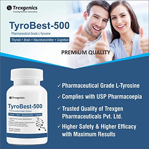 Trexgenics TyroBest-500 L-Tyrosine Pharmaceutical Grade - Thyroid, Stress, Neurotransmitter & Brain Function Support (60 Veg. Capsules)