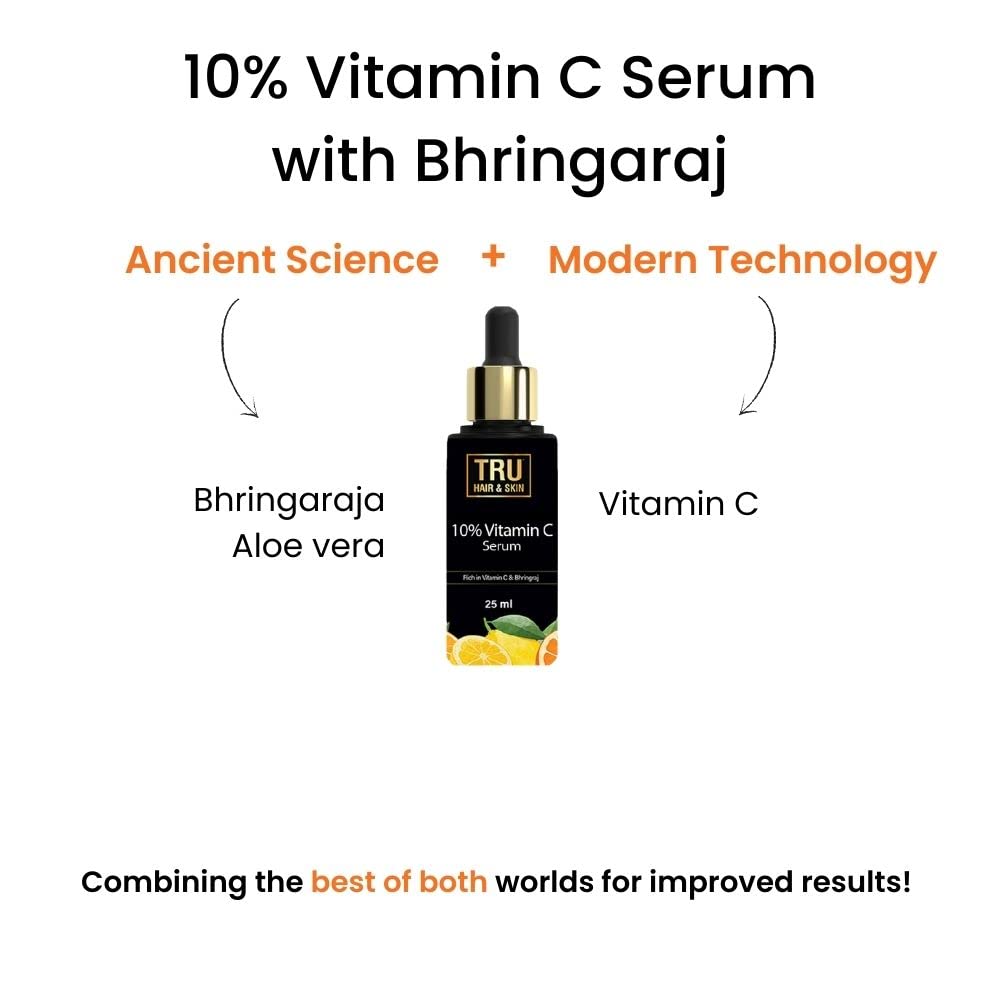TRU HAIR & SKIN 10% Vitamin C Serum & Bhringaraj | Rejuvenates Skin & Reduces Hyperpigmentation - 25ml