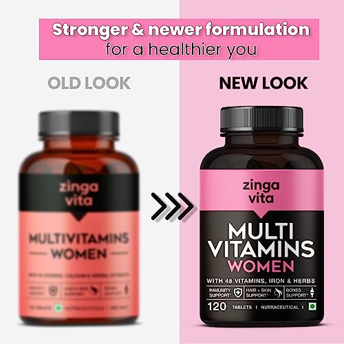 Zingavita Multivitamin for Women - 120 Tabs with 45+ Vit, Calcium, Fe & Herbal Extracts for Hair & Skin, Energy, & PMS Support | 1 Daily
