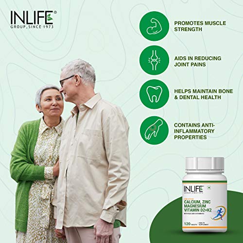 INLIFE Calcium Magnesium Zinc Vitamin D K2 Folic Acid & B12, Bone & Joint Calcium Supplement for Women Men - 120 Tabs