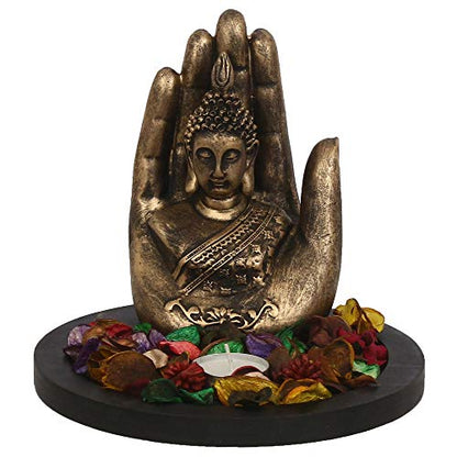 eCraftIndia Copper Finish Handcrafted Palm Buddha Decorative Showpiece with Wooden Base, Fragranced Petals and Tealight