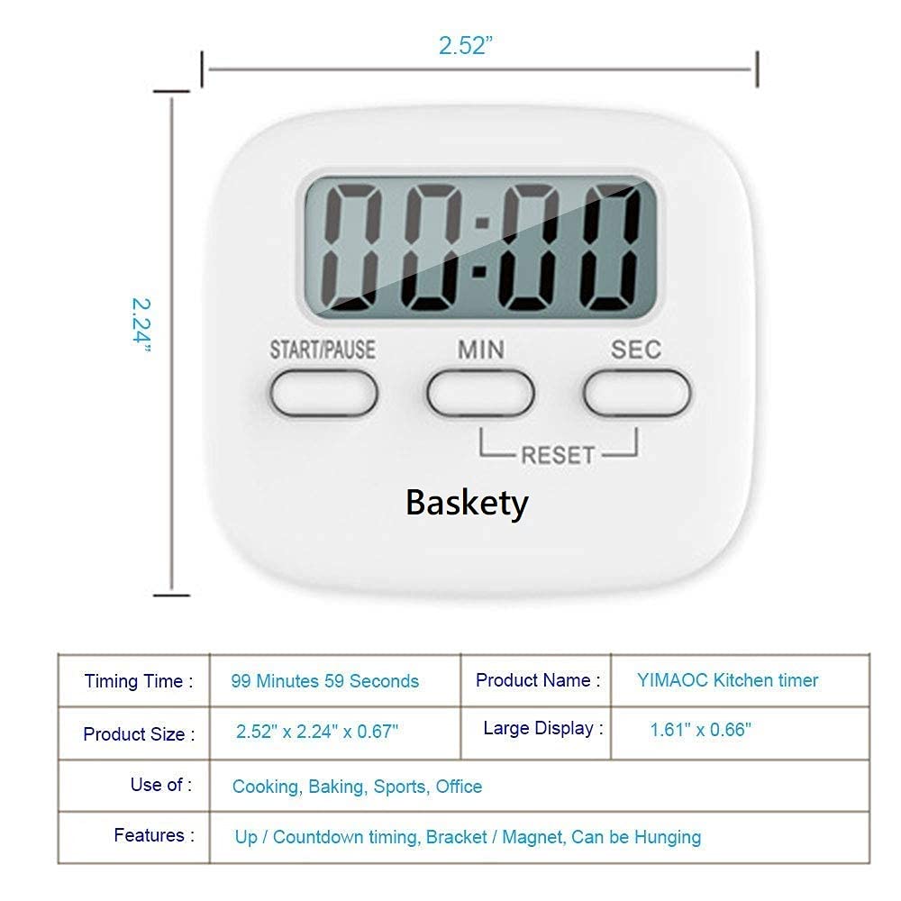 Baskety Digital Kitchen Timer, Magnetic Countdown Cooking Kitchen Timers with Louder Alarm, Back Stand, Hanging Hole for Cooking