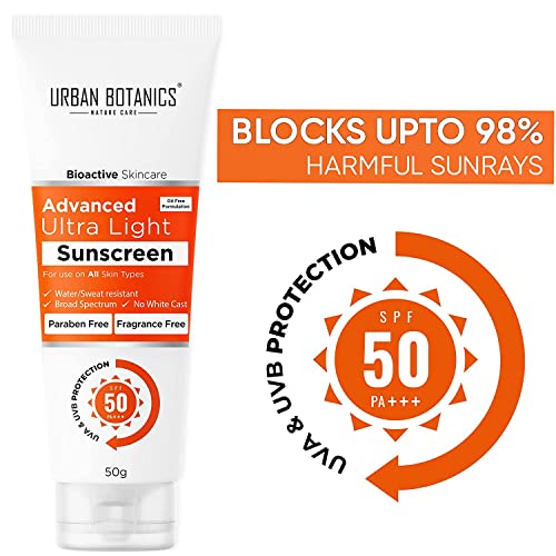UrbanBotanics Advance Ultra Light Sunscreen SPF 50 PA+++ - Oil Free - For Men & Women, 50g