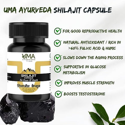 Uma Ayurveda Shilajit Capsules for Men and Women | 60 Shilajit Capsules (500mg / Shilajit Capsule) Pack of 1