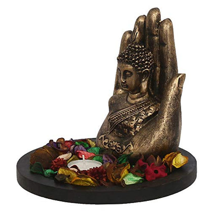 eCraftIndia Copper Finish Handcrafted Palm Buddha Decorative Showpiece with Wooden Base, Fragranced Petals and Tealight