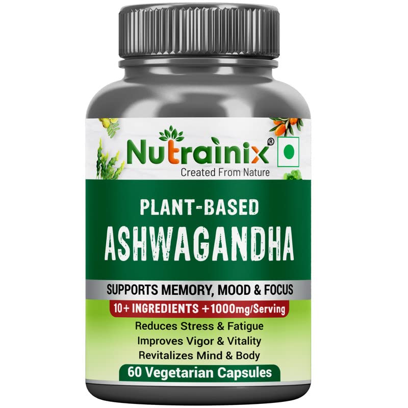 Nutrainix Plant-Based Ashwagandha with 10+ Ingredients | Extra Strength Natural Formulation | Suppors Relief For Men & Women - 60 Vegetarian Capsules…