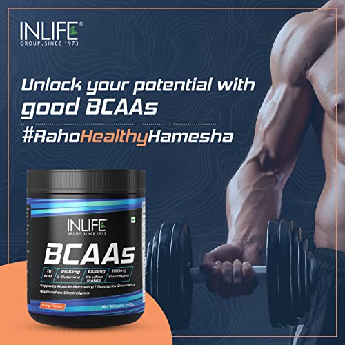 INLIFE BCAA Supplement 7g Amino Acids Instantized for Pre Post & Intra Energy Drink for Workout, 2.5g L-Glutamine (Orange, 250g)
