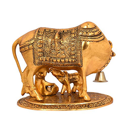 Collectible India Metal Kamdhenu Cow with Calf Showpiece, 7.5 x 7 x 5.5 Inches, Golden