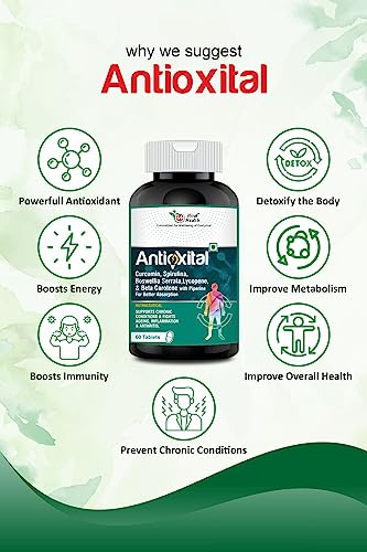 Hiral Health's Antioxital tablets: Antioxidant Supplement for Natural Detox & Energy Booster - Reviton by Expert - Spirulina, Curcumin Lycopene & more