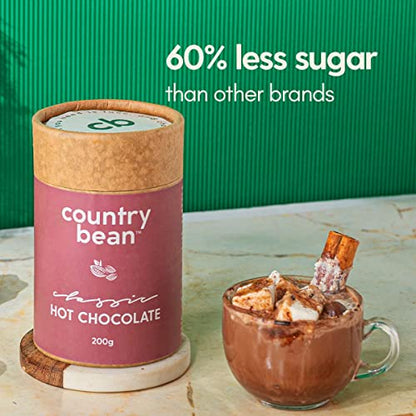 Country Bean Classic Hot Chocolate, 200G, 60% less sugar, enjoy hot or cold, perfect Diwali gift