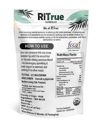 RiTrue Nutrition SEA MOSS Powder - 60 Gm - Irish Sourced - Seamoss Extract Dietary Supplement For Eating (Raw Honduran Gel)