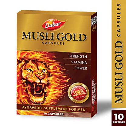 Dabur Musli Gold Capsules - 10 Capsules | 100% Ayurvedic Capsules for Strength, Stamina & Power | Ayurvedic Supplement for Men