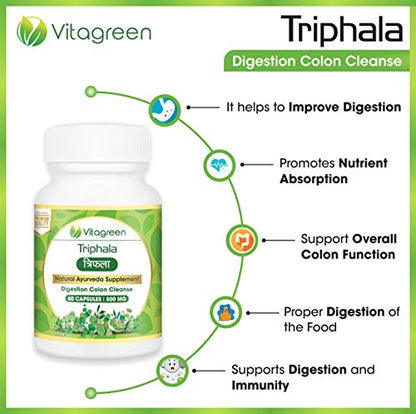 TRIPHALA 500 mg, Pack Of 60 Capsules For Digestion & Colon Cleanse, (Pack of 2)