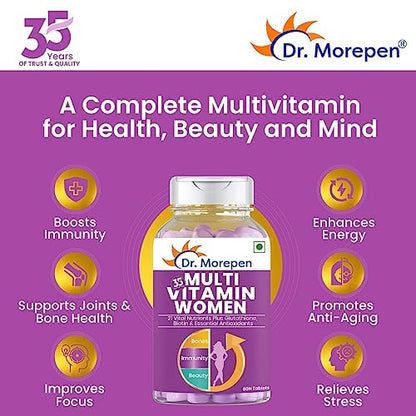 DR. Morepen Multivitamins For Women With Calcium & Herbal Extracts | Vit-D, Biotin, Fe, Cu, Iodine, Mg, Zn, Green Tea, Pomegranate - 60 Veg Tab