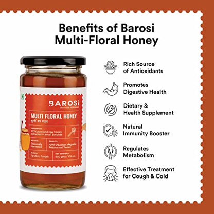 Barosi Multi Floral Honey, NMR Tested, Pure and Raw Immunity Booster, Natural Forest Source, Sustainable Glass Packaging