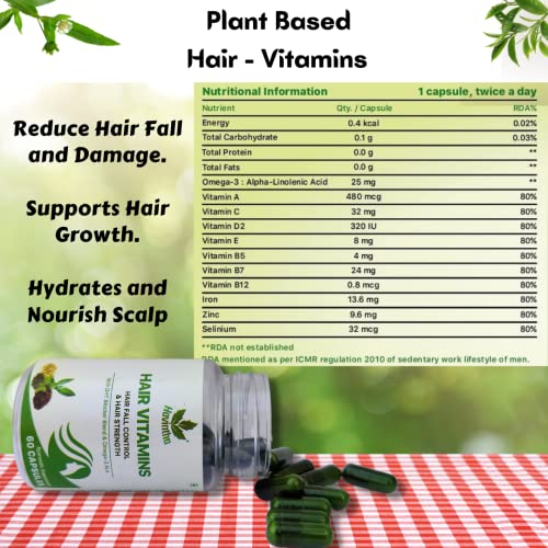 Havintha Plant Based Hair Vitamins Supplement with DHT Blocker, Hair Vitamin Blend, Omega 3 ALA & Pie Bark Extract for Control Hair Fall - 60 Capsules