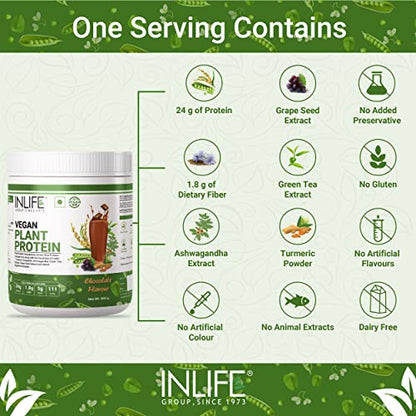 INLIFE Vegan Plant Based Protein Powder 24g Protein with Ashwagandha Green Tea & Grape Seed Digestive Enzymes Bodybuilding Supplement, 500gm