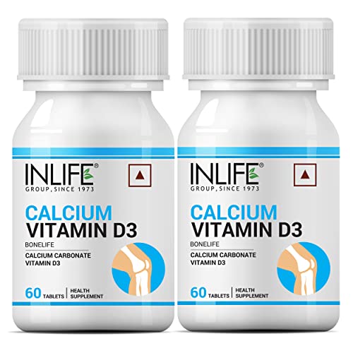 INLIFE Calcium and Vitamin D3 Tablets for Men Women | Calcium Carbonate Supplement for Bone and Joint Support - 60 Tablets (Pack of 2, 120)