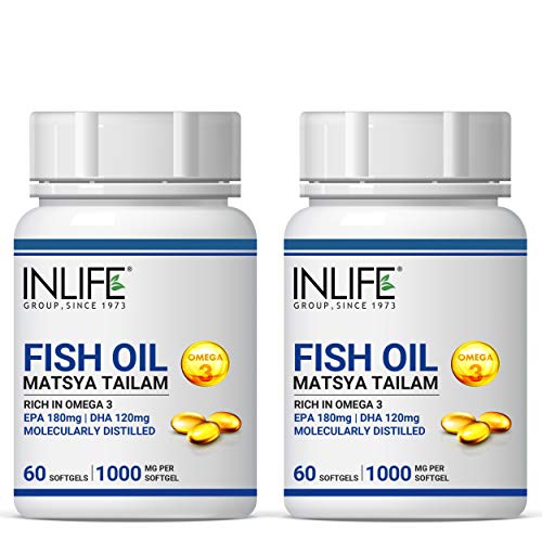 INLIFE Fish Oil Omega 3 Capsules 180mg EPA 120mg DHA Molecularly Distilled Supplements, 1000mg - 60 Softgels