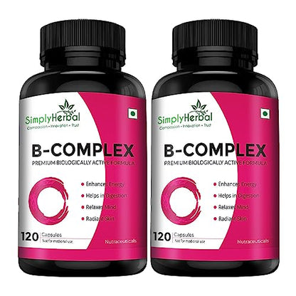 Simply Herbal Vitamin B Complex Capsules Vitamin B12 B1, B2, B3, B5, B6, B7, B9, Methylcobalamin, Biabolism & Support Healthy Brain Function Pack of 2