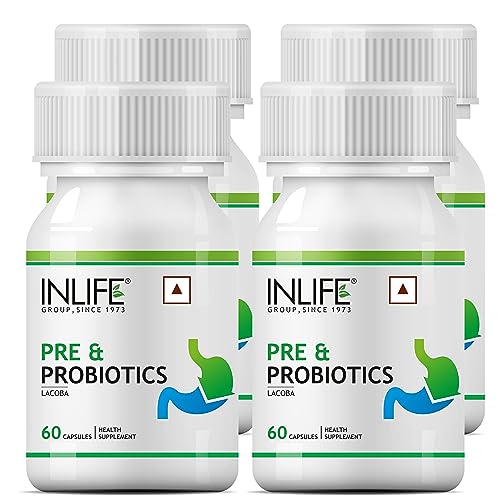 INLIFE Prebiotics and Probiotics Supplement for Men Women - 60 Capsules (Pack of 4)