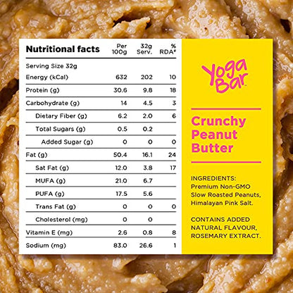 Yogabar Crunchy Peanut Butter Unsweetened | Non GMO Slow Roasted Peanut Butter| No Sugar Peanut Butter Crunchy | No Palm Oil & Vegan 400g