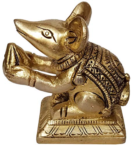 Purpledip Brass Statue Ganesha Vahana Mooshak: Collectible Idol Mouse with Modak (12262)