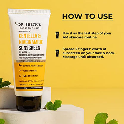 Dr. Sheth's Centella & Niacinamide Sunscreen Spf 50 Pa+++ For Oily & Acne-Prone Skin, Sweatproof, Wal, Protects Against Uva & Uvb Rays For Unisex, 50g