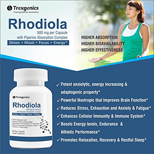 Trexgenics Rhodiola Rosea Standardized 500mg Premium Adaptogen Complex with Piperine (60 Veg.Capsules) (1)