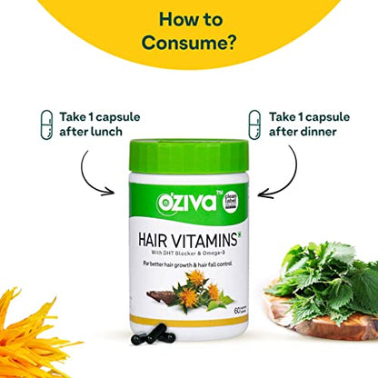 OZiva Hair Vitamins with Omega3, Iron, Zn and Biotin for Better Hair Growth, Nourishment, Hairfall Control, 60 Caps