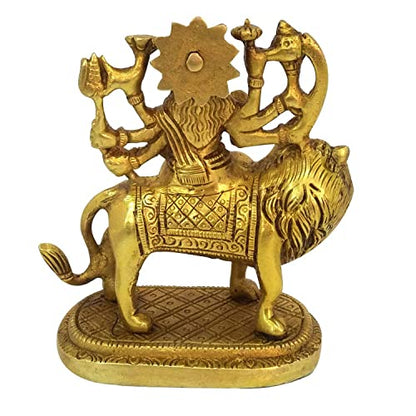 CRAFTHUT Metal Brass Statue Idol of Sherawali MATA Murti Brass/Goddess Durga Maa (4.25 x 3.75 x 2) inch, Weight 450 Grams - Golden Color, 1 Piece