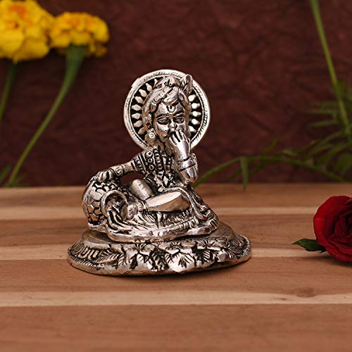 Collectible India Metal Laddu Gopal Makhan Krishna Statue Idol, 3.5x4x2 Inches, Silver