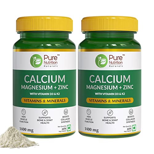 Pure Nutrition Naturals Calcium Magnesium & Zinc Tablets with Vitamin D3 & K2 (600 IU), Calcium Supp and Men, For Bone and Muscle Health - 120 Tablets