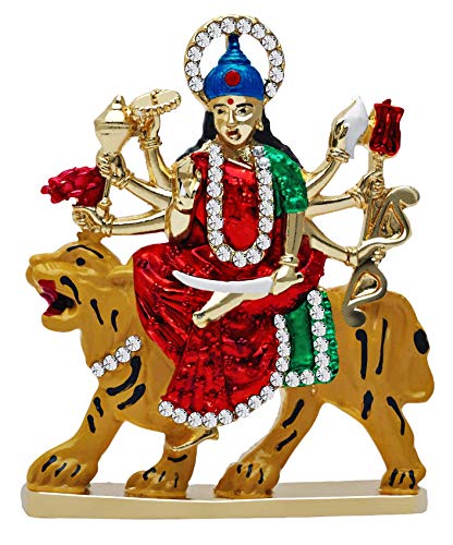 Goddess Maa Durga Sherawali MATA Idol on Lion (B-69) Color Metal Statue for Home Décor Car Dashboard Mandir Murti Showpiece