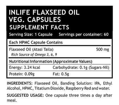 INLIFE Flaxseed Oil Veg Omega 3 6 9 Supplement, Extra Virgin Cold Pressed 500 mg - 60 Vegetarian Capsules (Pack of 1)