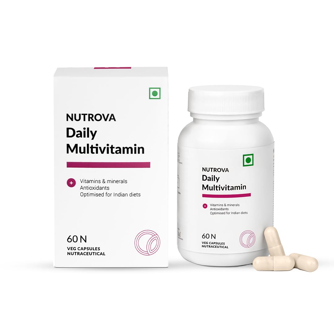 NUTROVA Daily Multivitamin Supplement Optimised for Non-Vegan Indian Diets for Men & Women (60 capsu, Zinc Citrate, Vitamin D3, Vitamin B3 & Vitamin A